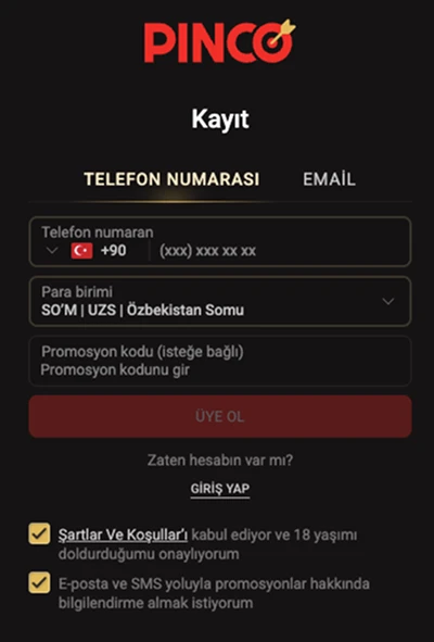 pinco casino kayıt ekranı